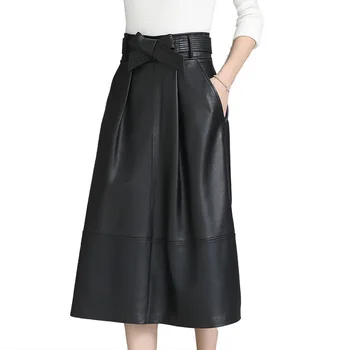 Jesień-wiosna owcza skórzana torba hip spódnica A-Line twarda skóra naturalna z kieszeniami średniej długości moda czarny klasyczny pas spódnica