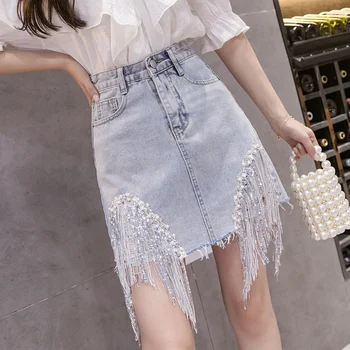 Letnie Koreański Kobiety Jeansowe Spódnice Słodkie Wysoka Talia Pakiet Hip-Line Moda Koraliki Cekiny Frędzle Spódnica Ropa Mujer 2020 B05604