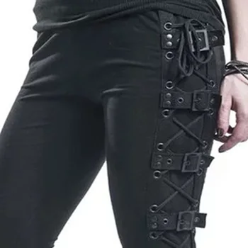 Gothic punk zasznurować casual spodnie-cargo kobiety klamra rock ciemno-czarne figi Wysoka Talia plus spodnie rozmiar S-5XL długie spodnie