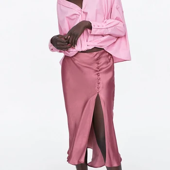 2019 Sexy Split damska spódnica w jednolitym kolorze guzik asymetria eleganckie wieczorne spódnica Jedwabna satyna tekstura wiosna lato spódnice midi