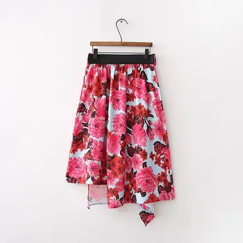 Lanbaiyijia najnowsza moda kwiaty druku wysokiej talii elastyczny pas damska spódnica letnie spódnice o długości do kolan Asymetryczna spódnica S M L