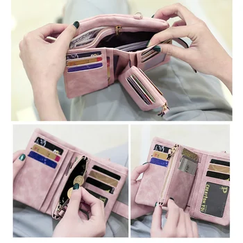 Matowy portfel skórzany damski podwójne karty kredytowe uchwyt portfel damski z bransoletą krótkie portfele kopertówka zamek błyskawiczny torebki dla monet dziewczyny