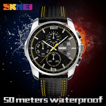 SKMEI Męskie kwarcowy zegarek mody zegarki sportowe skórzane 30 m wodoodporny data luksusowej marki zegarek Relogio Masculino 9106