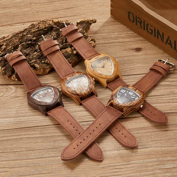 Trójkątne drewniane zegarki męskie naturalny bambus drewniane zegarki męskie brązowe skórzane zegarek retro prawdziwe drewniane zegarki Montre Homme Reloj