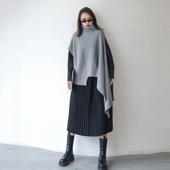 [EAM] szary nieregularne duży długi sweter z dzianiny o wysokiej kołnierz luźny krój kobiety nowa moda przypływ jesień zima 2021 1DC344