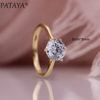 PATAYA New Big Round White Zircon Women Rings 585 Rose Gold Natural Fashion Jewelry Wedding Unique Simple Shine Six Claw Rings