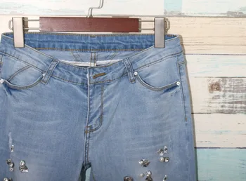 Denim vintage damskie podarte High street handmade kryształowe diamenty otwory ołówek dżinsy Bling Bling spodnie Damskie jeans