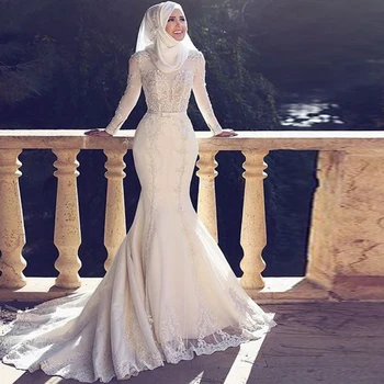 Długie rękawy muzułmańskie suknie ślubne 2020 z хиджабом tiul sweep pociąg suknia szyfon długość podłogi Syrena arabski гелинлик dębu