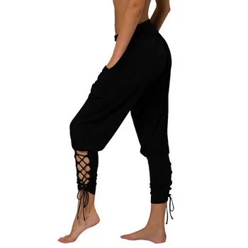 Kobiece nogi spodnie wysoka talia kieszenie pasek casual spodnie opaska temat spodnie jednolity kolor cienki joga spodnie sportowe spodnie