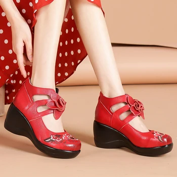 GKTINOO haft kwiaty modne buty Damskie buty ze skóry naturalnej na wysokich obcasach Klina komfort retro klasyczne buty ślubne