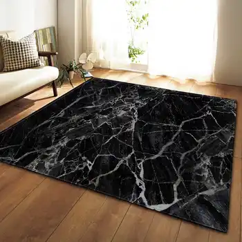 Duże czarno-białe marmurowe dywan z wzorem, maty antypoślizgowe w salonie