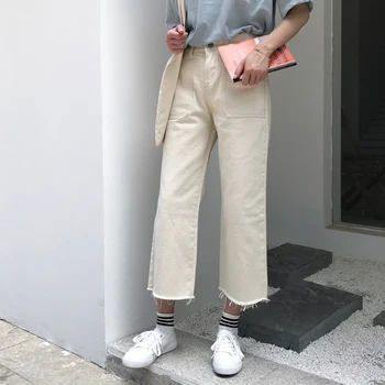 2020 damskie letnie guziki fly elastyczny pas proste dżinsy jednolity kolor szerokie spodnie biuro lady formalne jeansowe spodnie