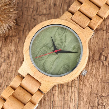 Minimalistyczny, jasny drewniany zegarek moda zielony tarcza męskie zegarek oryginalny bambus pełna drewniany regulowany pasek męski zegarek kwarcowy prezenty
