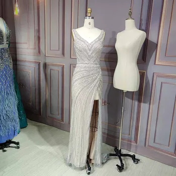YQLNNE Couture luksusowe kryształy suknie wieczorowe 2021 długi w kształcie litery V szyi linkę koronki wysoki Split suknie wieczorowe dla kobiet