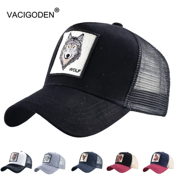 VACIGODEN Aniaml haftowane, netto czapka z daszkiem Wolf Hip-Hop Trucker Hats Tiger Men Women Snapback Fox oddychająca odzież uliczna