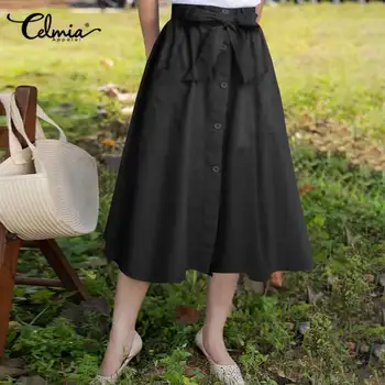 2021 Celmia Women High Waist Skirt Summer Autumn Midi Skirt Casual Loose Solid Party Skirts Plus Size Elegant Party Skirt Belted