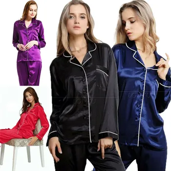 2019 Nowa Dostawa Seksowne Panie Luksusowe Długie Rękawy, Satynowa Koszula Nocna Spodnie Spodnie Piżamy Zestaw Piżamy Strona Odzież Nocna Odzież Zestaw