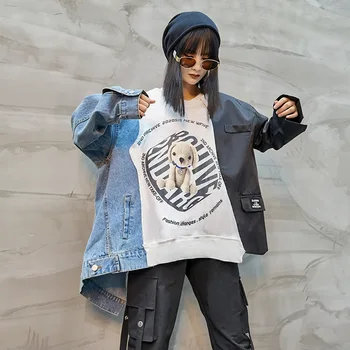 Patchwork odzież Damska bluzy Teen Street Harajuku Hip Hop Sweatshirt for Women Jean Spliced Loose Leisure Hoody LT127S50