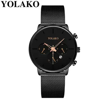 YOLAKO moda zegarki męskie casual kwarcowy taśma ze stali nierdzewnej kalendarz zegarek analogowy, męski zegarek 3D12
