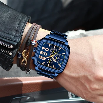 MINI FOCUS Top Luxury Brand męski zegarek kwarcowy duży kwadratowy obudowa chronograf świecące zegarki męskie niebieski pasek ze stali nierdzewnej reloj