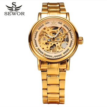 SEWOR Pełna ze stali nierdzewnej złote zegarki męskie markowe męskie zegarki najlepsze marki luksusowych szkielet zegarek mechaniczny Zegarek męski Relogio
