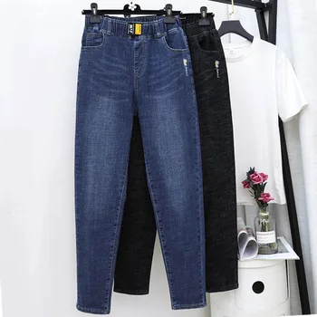 100 kg L-5Xl plus rozmiar damska moda elastyczny pas luźne dżinsy biuro Dama dorywczo spodnie jeansowe Damskie proste spodnie z haftem