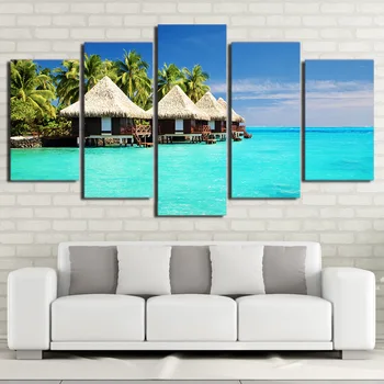 Płótno Wystrój Domu Salon Uchwyt Sztuka 5 Sztuk Malediwy Palma Zdjęcia Drukuje Plaża Morze Plakaty Ramki