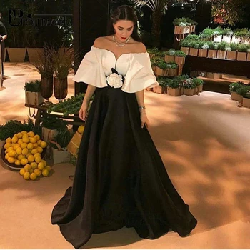Czarno-białe z ramienia kwiat sukienka Robe De Soiree Islamski Dubaj kaftan rial arabski suknia sukienka wieczorowa