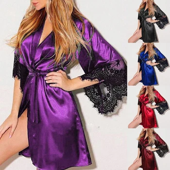 2020 Sexy Lace Satin Sleepwear Women Night Dress Lingerie Nighties V-neck koszula nocna sznurowane Luźna koszula nocna rozmiar plus szlafrok