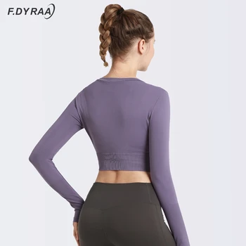 F. DYRAA 2021 New Yoga Shirts Long Sleeve With Thumb Hole Gym Sports Crop Top Women Fitness bezszwowa koszulka sportowa odzież bieganie