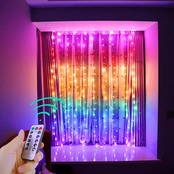 3x3M Rainbow Curtain String Lights Room Lights Decor 8Modes wodoodporny led kurtyna Fairy Lights ściany wianek z haczykami zdalnego sterowania