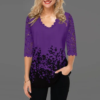 Kobiety V-neck t-shirt Pół rękaw kwiatowy print Wiosna sweter duży plus rozmiar 5XL hollow casual kobiet koronki Boho damska koszula