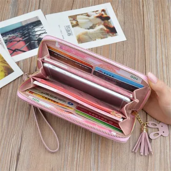 BISI GORO geometryczne luksusowe skórzane portfele kobiety długi zamek portfele dla monet pędzelkiem projekt kopertówka portfel damski pieniądze uchwyt karty