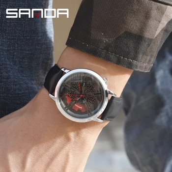 SANDA Top Brand New męskie zegarki Fashion Wheel Series Tarcza Skórzany pasek wodoodporny prezent zegarek premium mechanizm kwarcowy