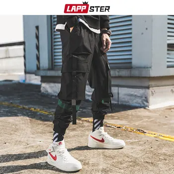 LAPPSTER mężczyźni taśmy meble odzież Spodnie-cargo 2020 jesień hip-hop biegacze spodnie czarne kombinezony Moda luźne kieszenie spodnie
