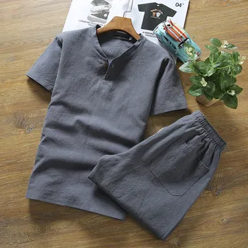(Koszulka + spodenki) 2020 nowy styl wysokiej jakości koszula męska bawełniane i lniane koszule z krótkim rękawem męskie koszule męskie rozmiar M-5XL