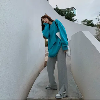 Damskie casual spodnie plus aksamit gruba boczna szczelina szeroka noga elastyczna talia twarda prosty baggy koreański styl-mecz nowe spodnie