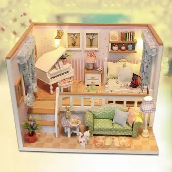 3D DIY miniaturowy domek dla lalek zestaw elegancki z meblami LED model drewniany ręcznie rzemiosła dom prezent na urodziny, zabawki dla dzieci